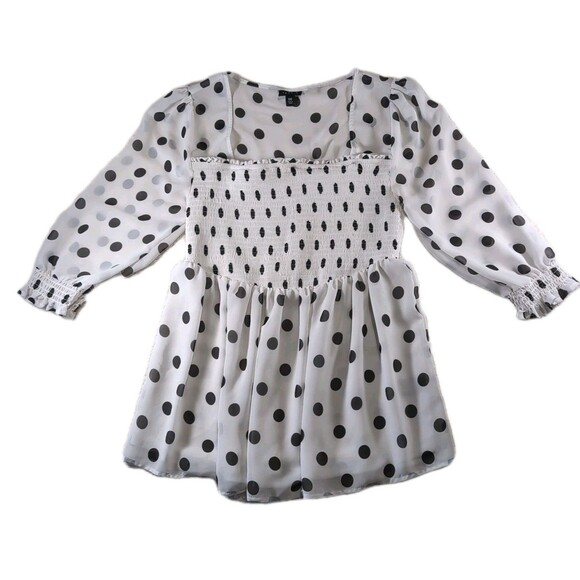 Torrid Size 00 Chiffon Babydoll Smocked Blouse White Black Polka Dot - Picture 1 of 8